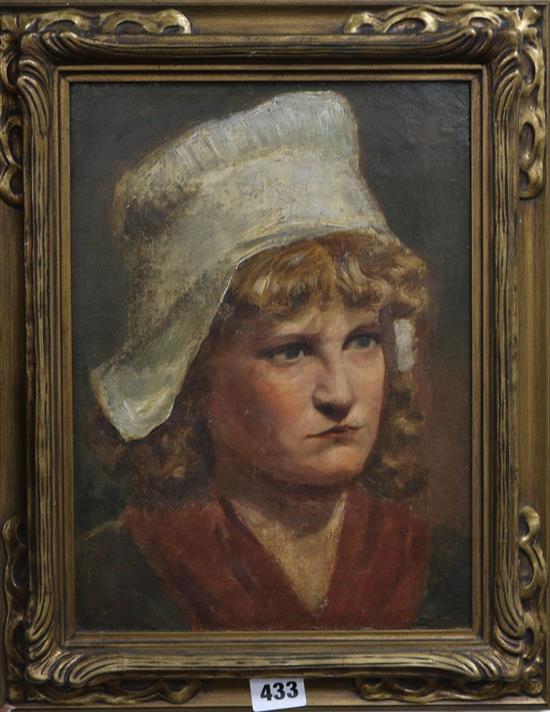 English School c.1900, oil on canvas, portrait of a milk maid, 31 x 23cm